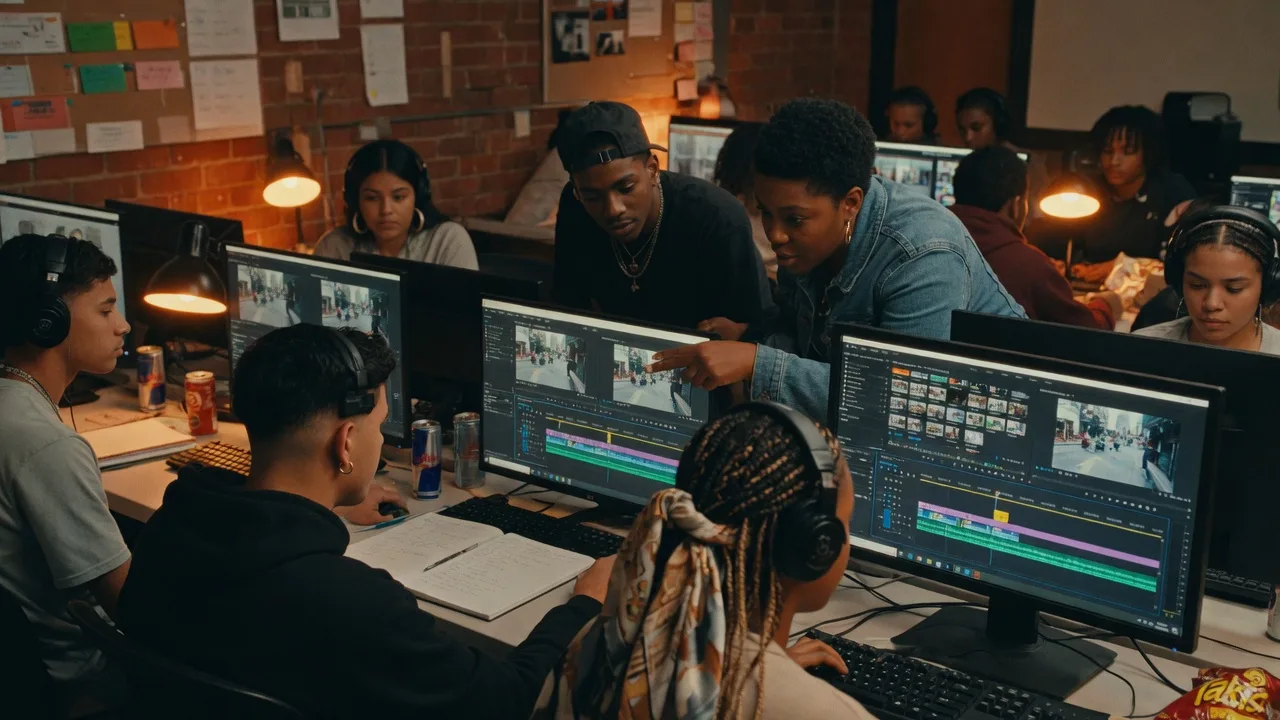 Young adults working at editing stations with a mentor