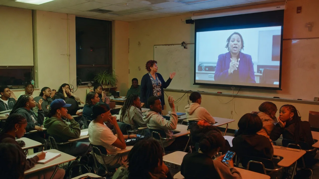 Adult students in a counselor-led classroom watching a live broadcast