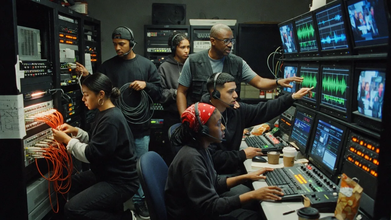 Young engineers working a vision-mixing desk in a broadcast engineering bay