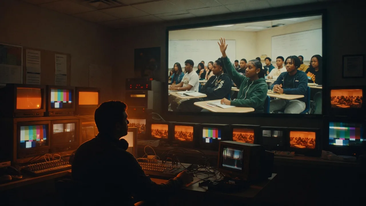A broadcast control gallery at night, a live classroom on the main screen