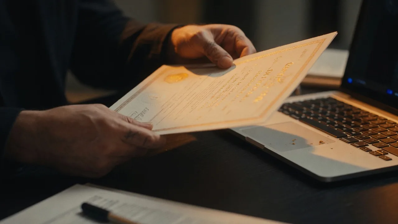 Hands holding a certificate of achievement on a desk