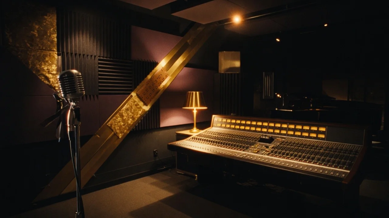 A recording studio at night: a ribbon microphone and a mixing console glowing amber